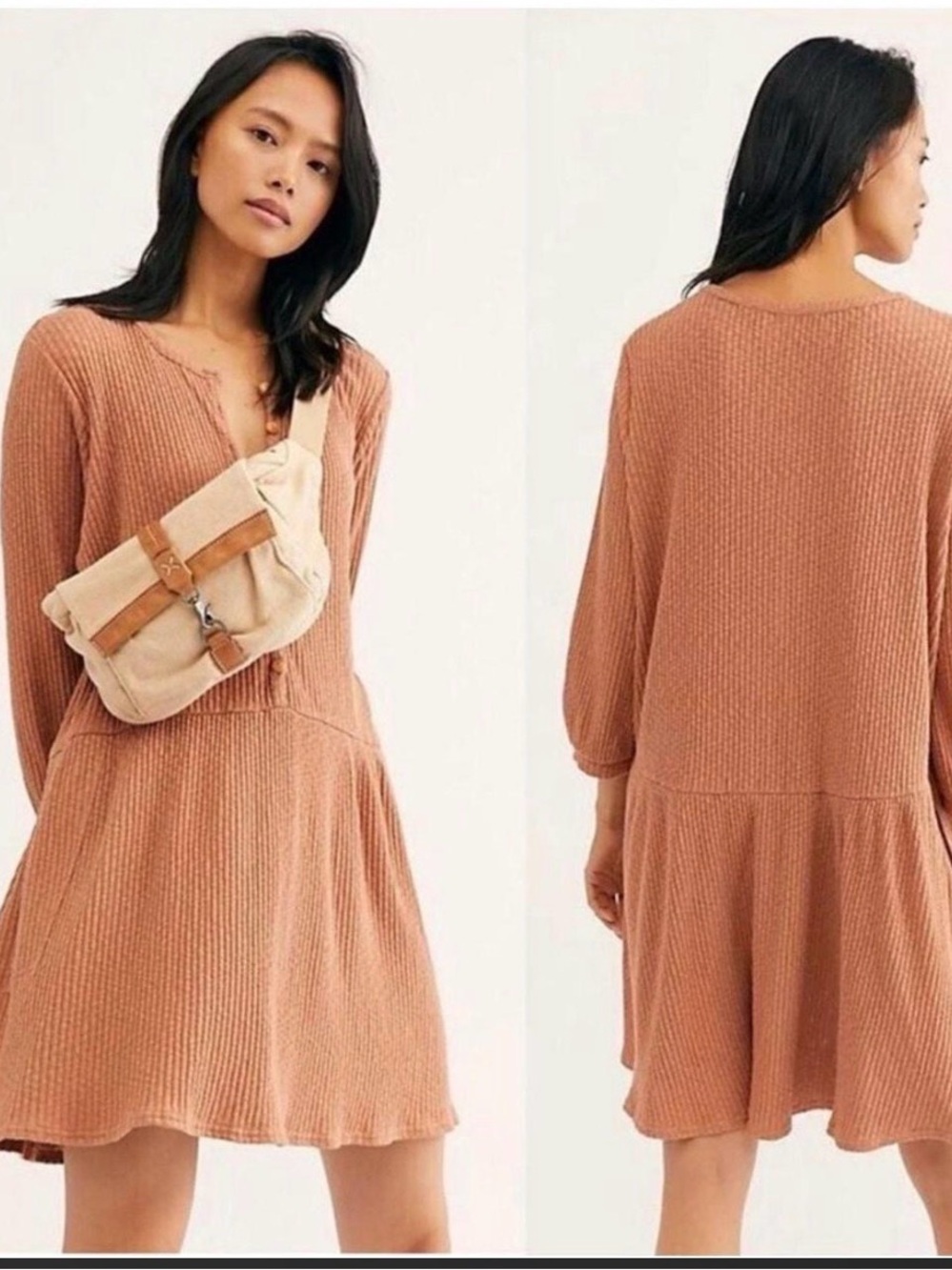 Free People Beach Ribbed Knit Long Sleeve Dress in Mauve/ Pink Large